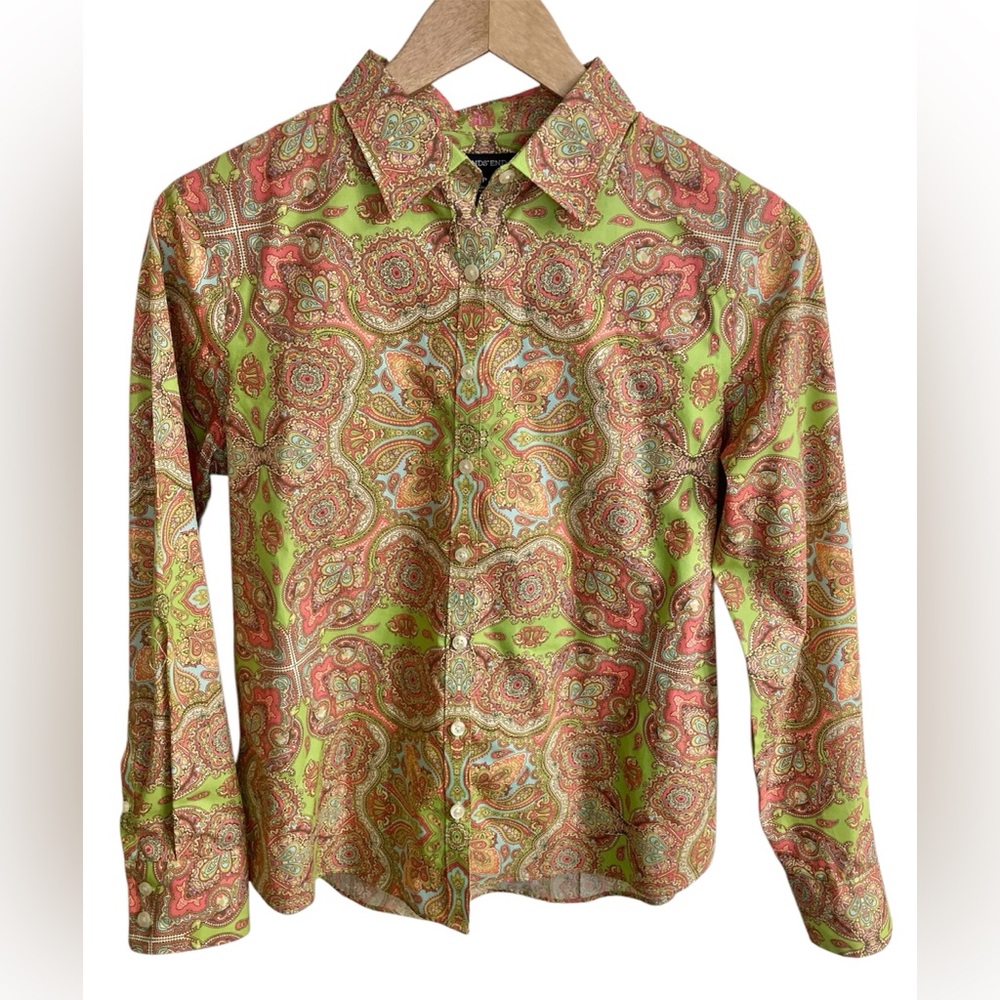 Lands End Women’s 6 Petite Paisley Green Pink Button Down Blouse Spring Easter